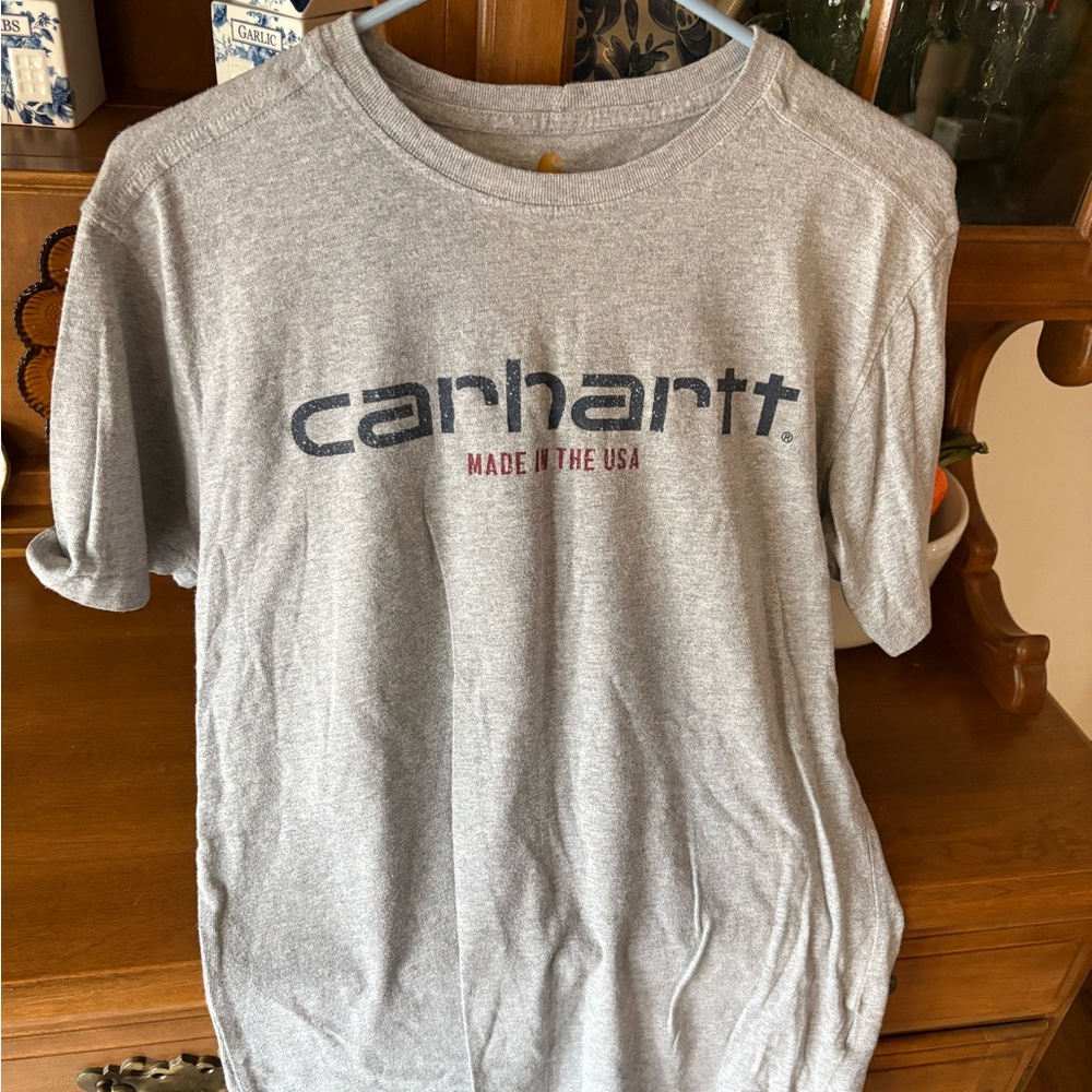 Carhartt Heather Gray Short Sleeve Logo Tee with Navy and Red Print
